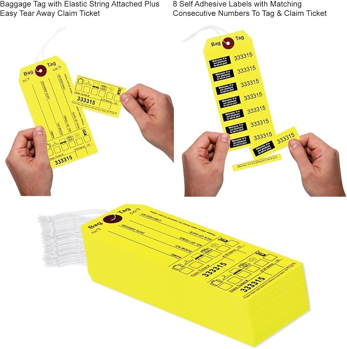 1000 Luggage Claim Tags with String Attached, Consecutively Numbered, with Luggage Images, Bag Stickers, Claim Ticket - Bag Tags for Hotel and Motel Bag Storage. Size: 6 3/4" (H) x 2 1/2" (W).