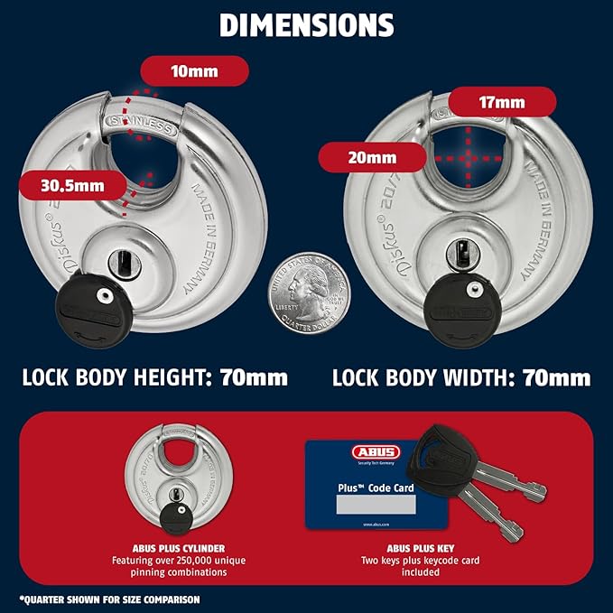 ABUS - Diskus 20/70 Padlock with Key (2.75") 70mm - Heavy Duty Stainless Steel - Cut, Rust & Drill Resistant - Storage & Outdoor - Pad Lock with 2 Keys (Keyed Different) - Commercial & Home Security