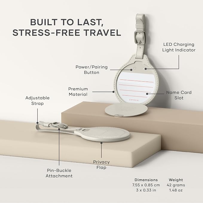 Satechi FindAll Smart Luggage Tag with Find My, TSA-Friendly, Airport Tracking, Left-Behind Alerts, Loud Audible Chime, Wireless Rechargeable, Works with iPhone, iPad, Mac – Sand