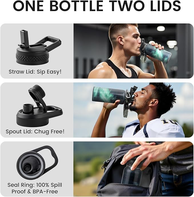 RAYMYLO Insulated Water Bottle 32 oz, Triple Wall Vacuum Stainless Steel (Cold for 24Hrs, Hot for 12Hrs), Leak Proof & Non-BPA, Modern Water Flask Jug with Paracord Handle & Straw Spout Lids
