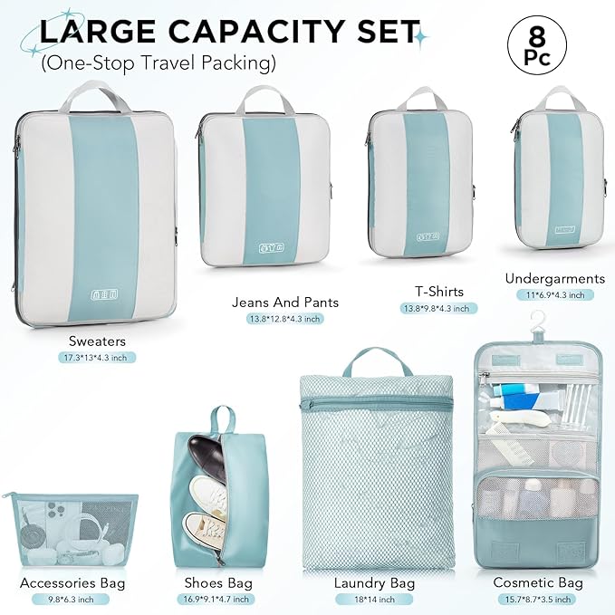 8 Set Compression Packing Cubes for Travel Essentials,Compressible Expandable Packing Cubes for Suitcase,OlarHike Luggage Garment Bags for Travel,Handy Helper for Organizing Clothes(Blue Gray)