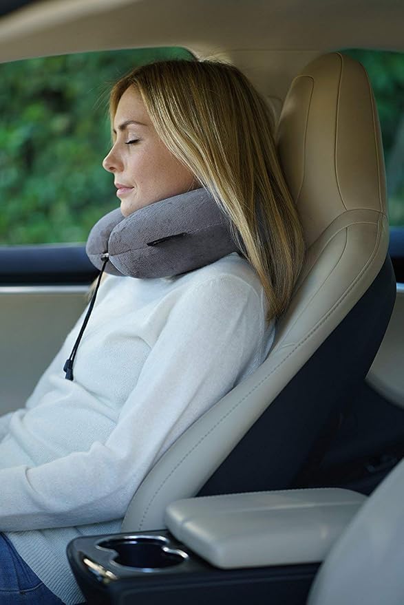 travelrest Neck Pillow Travel Essential - Memory Foam, Washable Micro-Fiber Cover Pillow, Soft and Comfortable Head Support for Long Flights, Compact, Attaches to Luggage, Airplanes - (Grey, Curl)