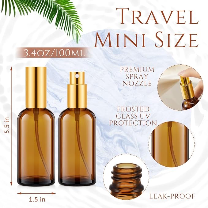 Roshtia 30 Pcs Glass Spray Bottle Clear Empty Bottles Small Refillable Reusable Perfume Bottle with Fine Mist Sprayer Pump for Face Body Travel(3.4 oz,Amber)