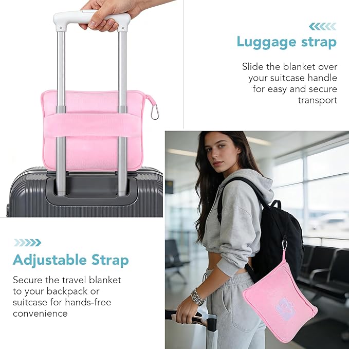 SINLAND Travel Pillow and Blanket 2-in-1 Set,Airplane Packable Bag,Soft and Lightweight Plane Flight Car Trips Travel Essentials Gift,Hand Luggage Sleeve and Backpack Clip,60x53 Inch Pink