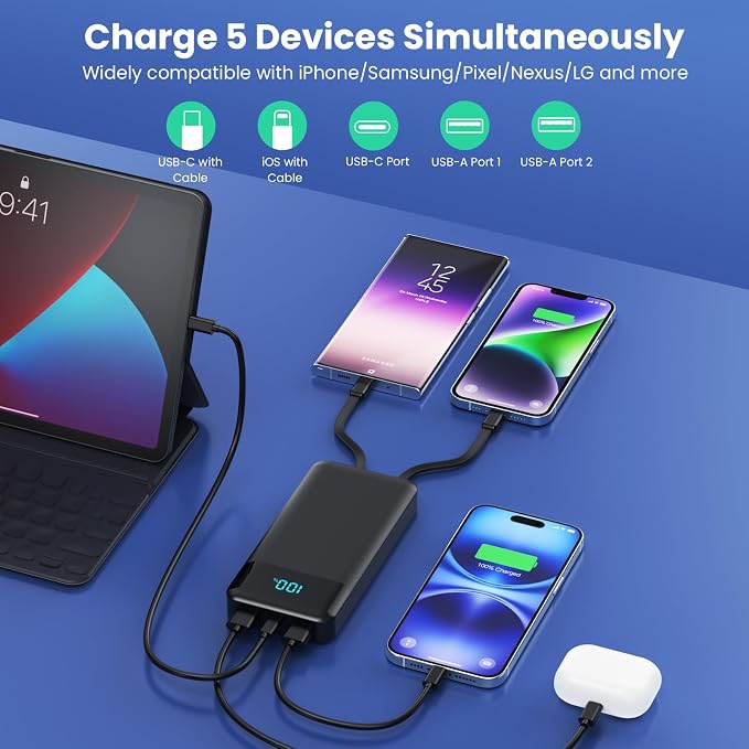 Portable Charger Power Bank 50800mAh with 3 Built-in Cables,25W PD Fast Phone Charging Portable Battery Pack,5 Outputs Travel Essentials Outdoor External Battery for iPhone 17/16/15,Galaxy Android etc
