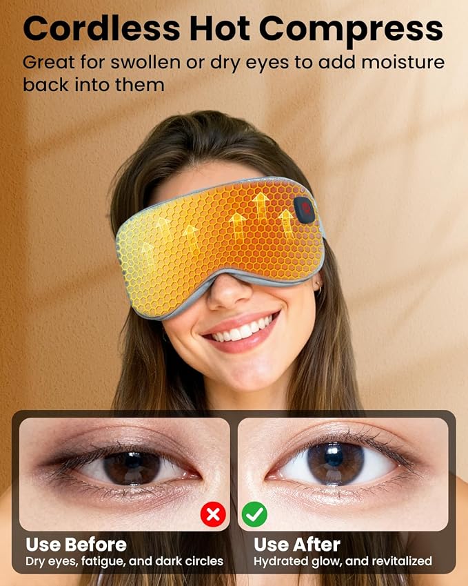 Cordless Heated Eye Mask with 1500mAh Large Battery, 4 Heat Levels & 100% Blackout for Dry Eyes Relief, Fast Heating Eye Heating Pad with 2 Washable Covers for Sleep, Travel, MGD, Blepharitis