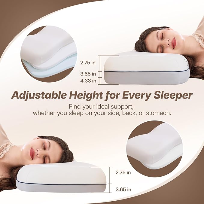 Cervical Neck Pillow for Neck Support, Adjustable Memory Foam Pillow with Customizable Height and Firmness for Side, Back, Stomach and CombSination Sleepers Programs, White 1 pcs