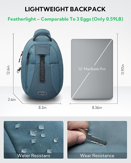 WATERFLY Small Crossbody Sling Backpack: RFID Blocking Anti Theft Sling Bag Travel Daypack Man Woman