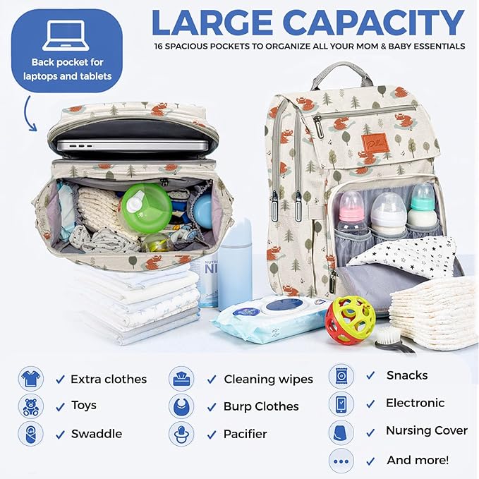 PILLANI Baby Diaper Bag Backpack - Baby Bag for Boys & Girls, Toddler Backpack, Large Capacity Travel Diaper Bags w/Changing Pad, Waterproof Diaper Backpack - Best Shower Gifts for Boys - Baby Stuff