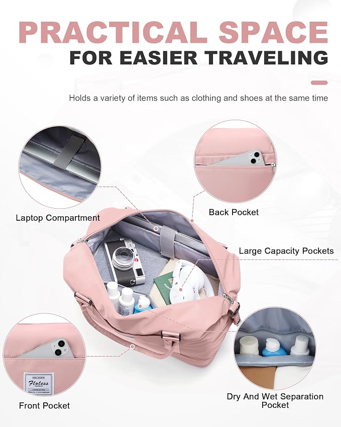 Travel Duffel Bag, 18x14x8 Inches Travel Bag Spirit with Shoes Compartment, Weekender Overnight Bag for Women with Trolley Sleeve, Carry On Bag for Airplanes Sport Tote Gym Bag Pink