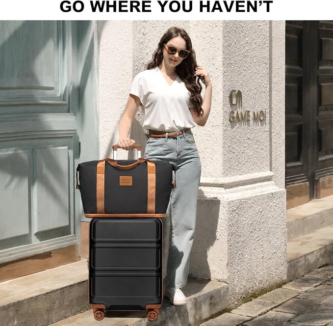 Kono Luggage Set 4 Piece Expandable Carry On Hardside Luggage with TSA Lock Spinner Wheels Lightweight PC+ABS Carry On Suitcase Apricot Black