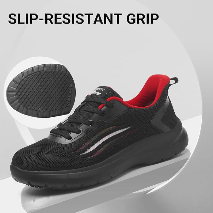 Treesky Black Non Slip Work Shoes for Women, Restaurant & Kitchen Sneakers | Slip resistant soles, lightweight cushioning, breathable knit, removable insole, for nursing, food service & long shifts