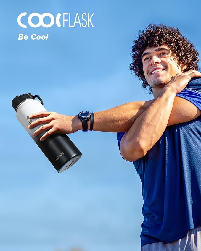 Coolflask Water Bottle 40 oz Insulated with Straw, Stainless Steel Metal 3 Lids Water Flask for Sports or Office, Keep Cold 48H Hot 24H, White & Black