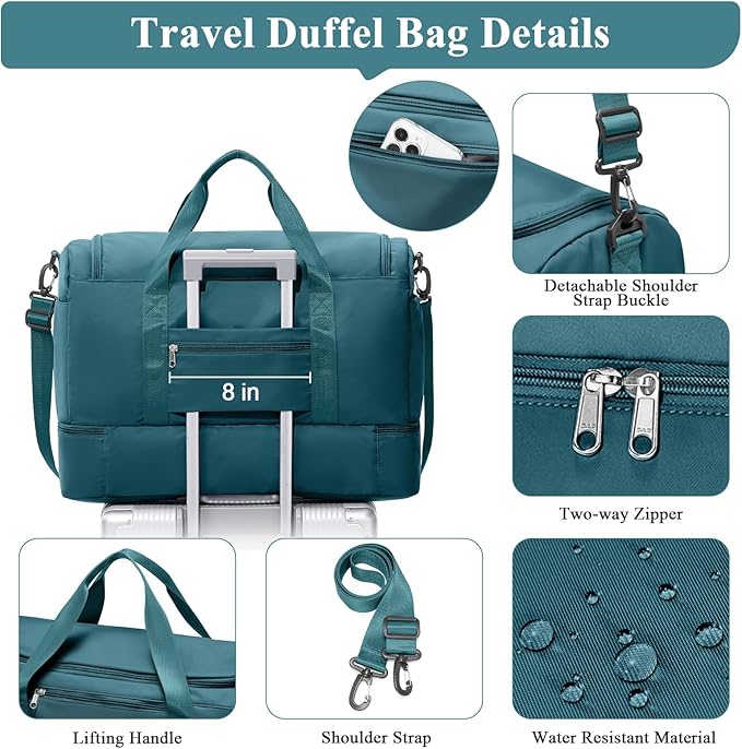 Large Travel Duffle Bag,Carry on Overnight Weekend Bag with Shoes Compartment,Weekender Bags for Women for Travel Business Trips Sport Hospital,Peacock Blue