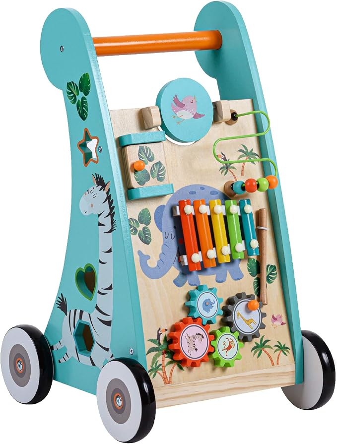 Teamson Kids Preschool Play Lab Wooden Baby Walker and Activity Station, Natural/Blue | Activity Station