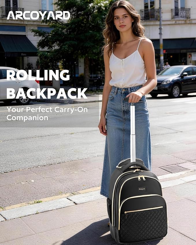 Arcoyard Rolling Backpack for Women, 17 inch Travel Laptop Wheeled Backpack with Anti Theft Zippers for Adults, Large Water Resistant Carryon Luggage Roller Bag Flight Approved for Work College, Black