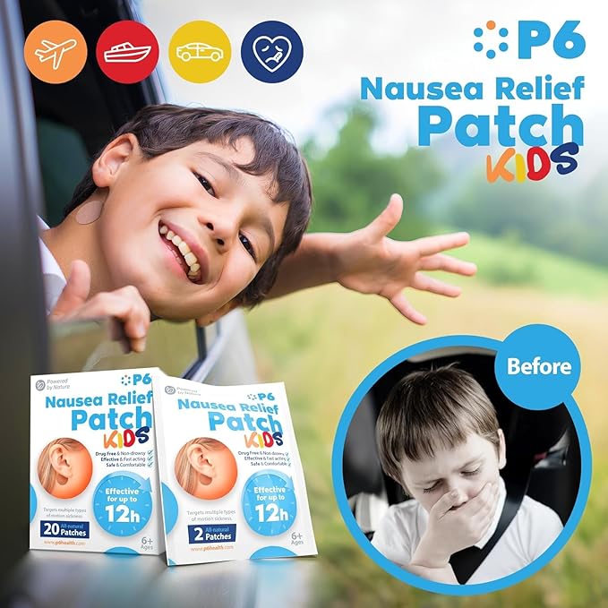 P6 Motion Sickness Patches for Kids - All Natural Sea Sickness Patches for Cruise and Car - Non Drowsy Motion Patch for Children - Safe Motion Sickness Patch for Travel - Ginger and Cinnamon