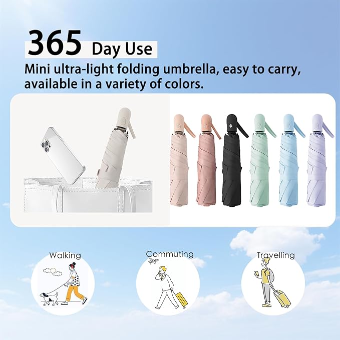 Ultra Lightweight Compact Umbrella 7.8 oz, Auto Open Close Folding Design for Sun & Light Rain, Mini Travel Accessory for Purse & Backpack, Portable UV Protection for Daily Commute, One-Person Use