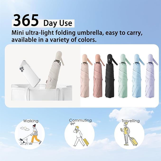 Ultra Lightweight Compact Umbrella 7.8 oz, Auto Open Close Folding Design for Sun & Light Rain, Mini Travel Accessory for Purse & Backpack, Portable UV Protection for Daily Commute, One-Person Use