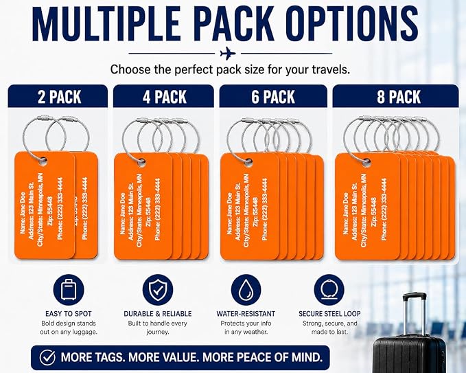 Personalized Acrylic Luggage Tags Set – Custom Engraved Name & Address ID Tags for Suitcases, Carry-On Bags & Backpacks – Bright High Visibility Heavy Duty Travel Bag Tags with Wire Ring Loops (2)