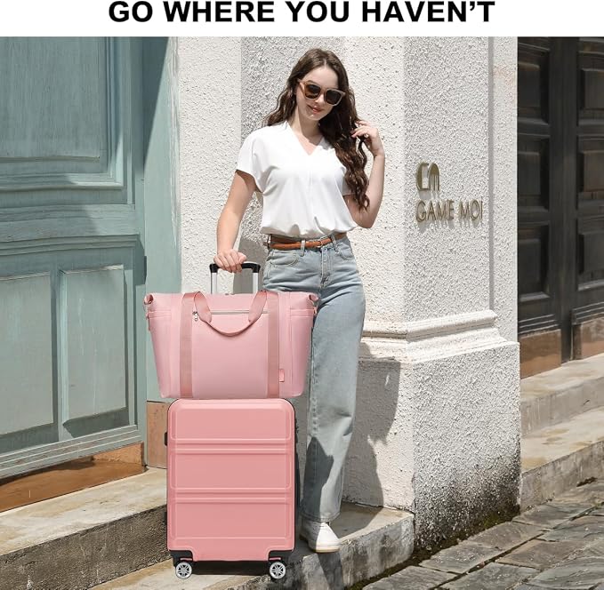 Kono Suitcase Set 2 Piece Carry On Lightweight PC+ABS Hardside Luggage with TSA Lock Spinner Wheels (Nude, 20in)