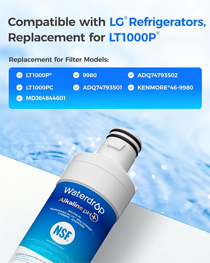 Waterdrop Alkaline LT1000PC ADQ747935 Replacement for LG® LT1000P®/PC/PCS ThinQ® Refrigerator Water Filter, LFXS26973S, LMXS28626S, LMWS27626S, LFXS28596S, LFXS26596S, Enhance PH, 3 Filters