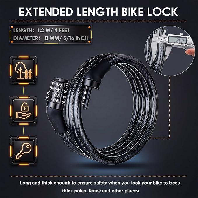 Hotop 30 Pcs 4 Feet Bike Lock Cable with Combination, Coiled Preset Bike Lock High Security 4 Digit Bicycle Locks Anti Theft Bikes Accessories Black Bicycle Cable Locks, 5/6 Inch Diameter