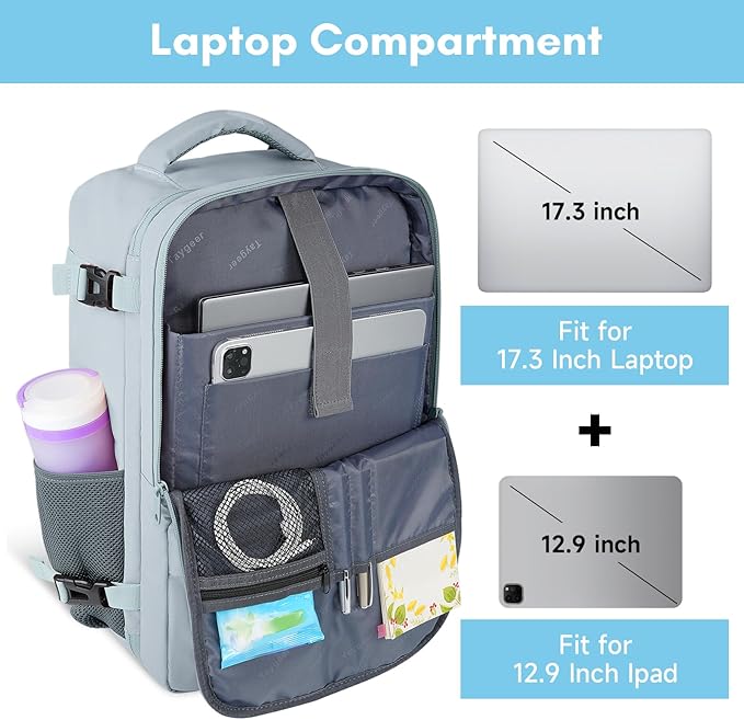 Taygeer Carry On Backpack, 40l Travel Backpack for Women Airline Approved, Cute Underseat Personal Item Travel Bag With Shoe Compartment, Casual Daypack Gifts for Friend Hiking Outdoor Weekend,Blue