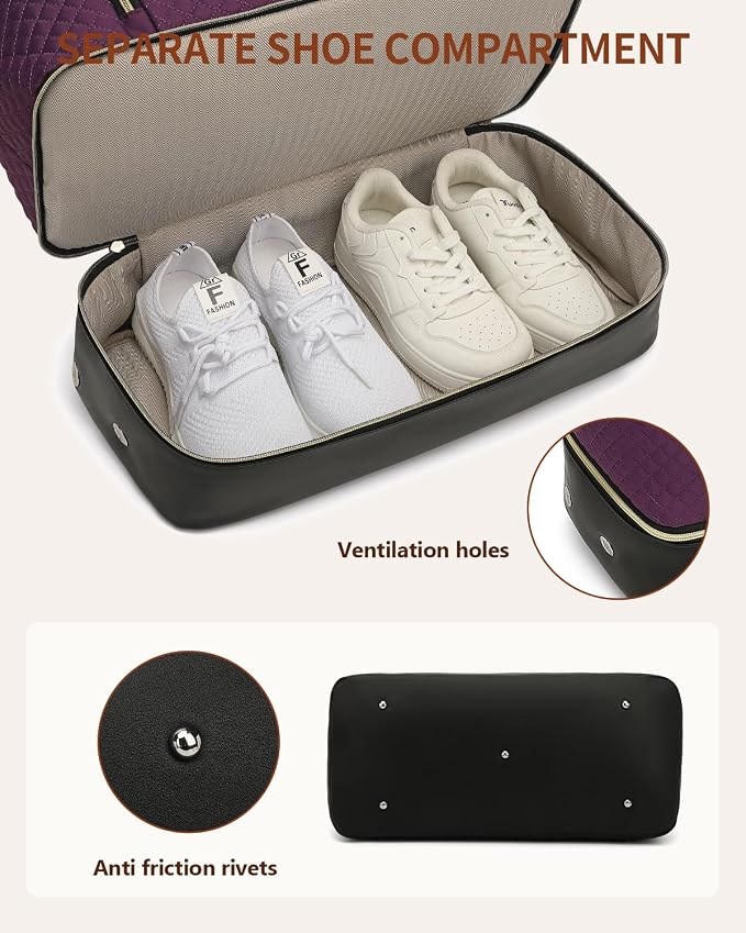 Weekender Bags for Women Travel, Under Seat Carry On Bags for Airplanes Overnight Bag with Shoe Compartment Luggage Sleeve, Foldie Travel Tote Bag Hospital Bag, Travel Gifts, Purple Black
