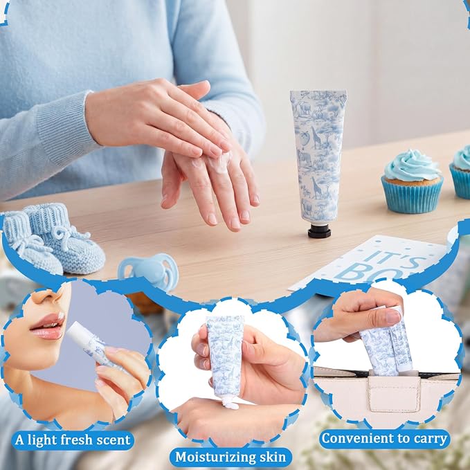 Qunclay 30 Sets Toile De Jouy Baby Shower Hand Cream and Lip Balm Gift Set Blue Chinoiserie Safari Animals Travel Size Hand Lotion Lip Balm Gifts Baby Bridal Shower Party Supplies for Guests