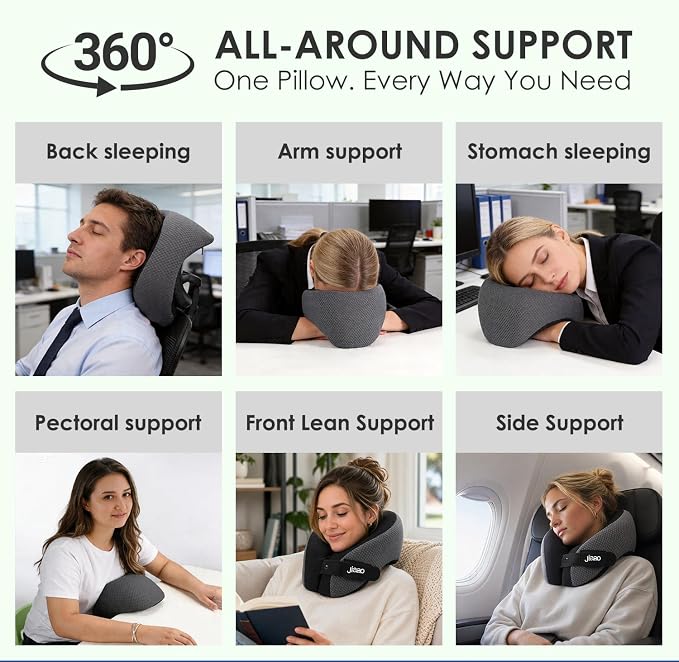 jiaao Neck Travel Pillow Memory Foam 360° Neck Support Pillows for Airplane | Ergonomic Neck Pillow for Long Flight, Airplanes, Cars & Trains, Kit with Eye Mask, Earplugs and Storage Box
