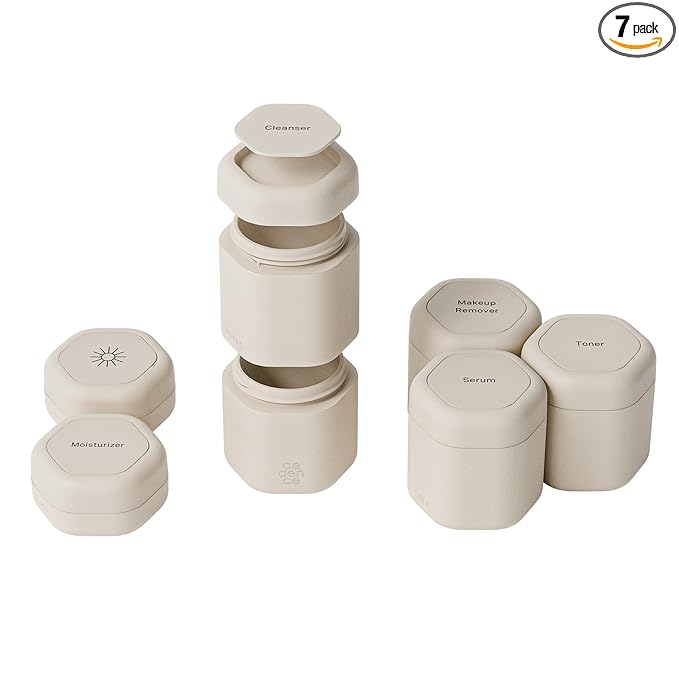 Cadence Travel Containers - Full Skincare Set - Magnetic Containers with Lids,Carry On Travel Essentials For Women/Men - 2 Small (0.56oz), 4 Medium Capsules (1.32oz), & Extender (1.43oz) - Sand