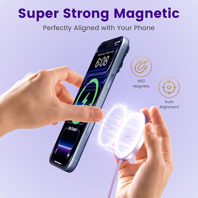 25W Magnetic Wireless Charger: Fast Charging Pad for iPhone 17 16 15 14 13 12 Pro Max, Samsung Galaxy S26 S25, Google Pixel 10, AirPods-Slim Portable for Travel Bedside Office-Light Violet 2 Pack