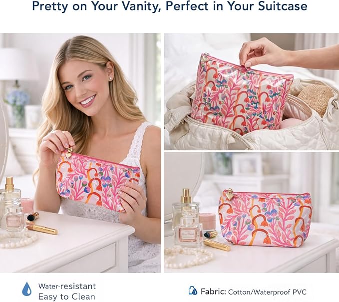 Jacaranda Living Large Cosmetic Bag – Water-Resistant Makeup & Toiletry Bag with PVC-Lined Interior, Travel Beauty Organizer, Strawberry Vine