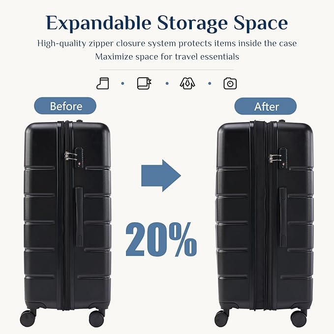 NEWBULIG 28 Inch Checked Luggage, ABS Hard Shell Lightweight Rolling Expandable Suitcase with Smooth Spinner Wheels and TSA Lock for Business Trips and Daily Vacations, Black