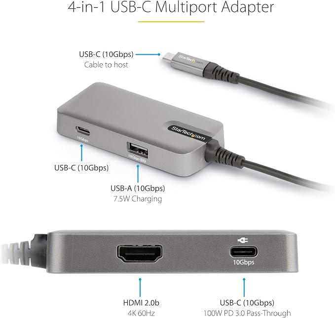 StarTech.com 4-in-1 USB C Hub with Extra Long Cable, 4K 60Hz HDMI, Alt-Mode, 100W Power Delivery, 10Gbps Fast Speed Type C Expansion Hub, Portable Mini Docking Station for MacBook - TAA