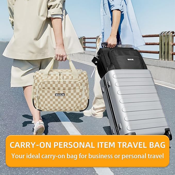 Underseat Carry On Luggage Lightweight Travel Tote Weekender Bag Overnight Duffle Bag for Travel, Travel Essentials Personal Item Travel Bag for Women, Corduroy Khaki Grid-16Inch