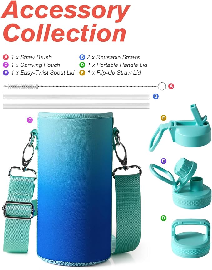 Coolflask Water Bottle 32 oz Insulated with Straw, Stainless Steel Metal 3 Lids Water Flask Wide Mouth for Sports or Office, Non-BPA Keep Cold Up to 48 Hrs or Hot Up to 24 Hrs, Pacific Prince