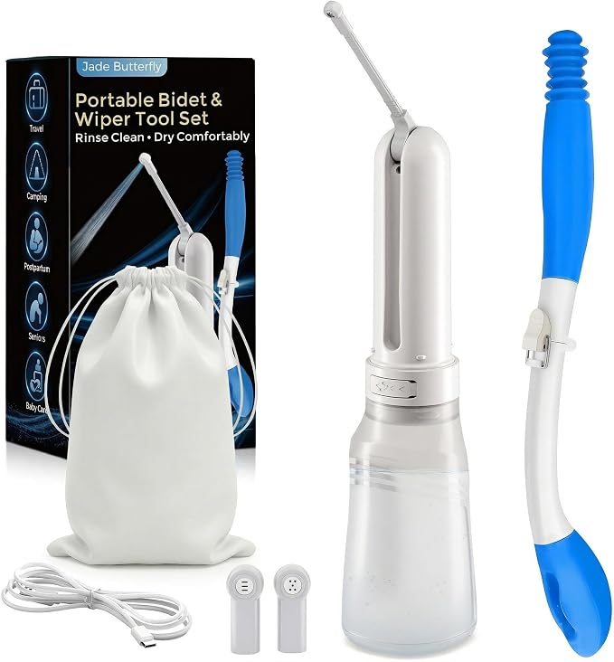 Portable Bidet for Travel & Foldable bottom buddy wiping aid for women, Electric Rechargeable 400ml Handheld Sprayer (3 Modes, IPX7, Type-C, 180° Nozzle) , Locking Clip, 2 Nozzles, Storage Bag (White)