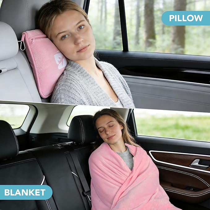 SINLAND Travel Pillow and Blanket 2-in-1 Set,Airplane Packable Bag,Soft and Lightweight Plane Flight Car Trips Travel Essentials Gift,Hand Luggage Sleeve and Backpack Clip,60x53 Inch Pink