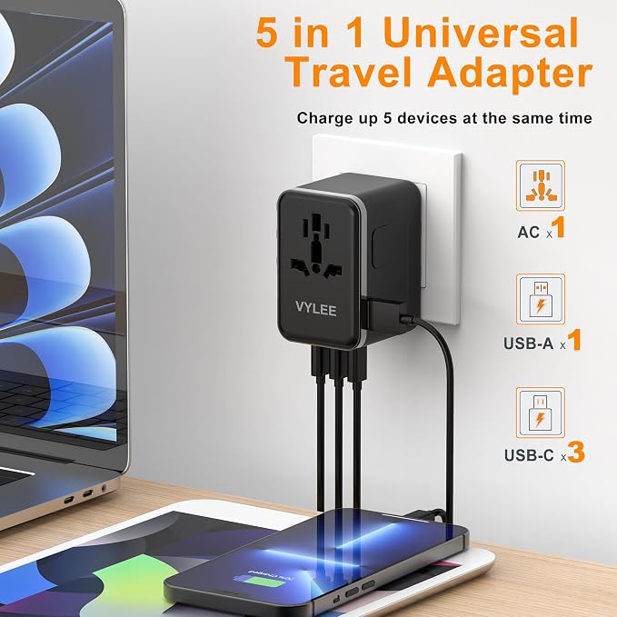 VYLEE Universal Travel Adapter, PD100W GaN International Power Adapter with 3 USB C and 1 USB A Charging Ports, All in One Power Outlet, Worldwide Plug Adapter for US to European UK AUS Ireland(Black)