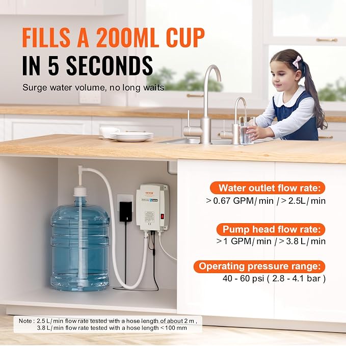 VEVOR Bottled Water Dispenser Pump System, 5 Gallon Dispensing System, Automatic Electric Water Dispenser, Single Inlet Water Jug Pump, Compatible Use with Coffee/Tea Machine, Refrigerator, Ice Maker