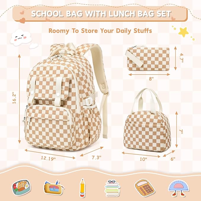 MUSEVOS Girls Backpack with Lunch Bag, Elementary Middle School Backpack, Large Capacity Kids Bookbag 3 Pcs Set