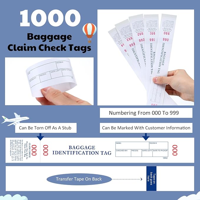 Feifeiya 1000 Hotel Luggage ID Tags with Transfer Tape on Back Printed in Black with Red Consecutive Numbering from 000 to 999 Baggage Identification Tags for Hotel and Motel Bag Storage
