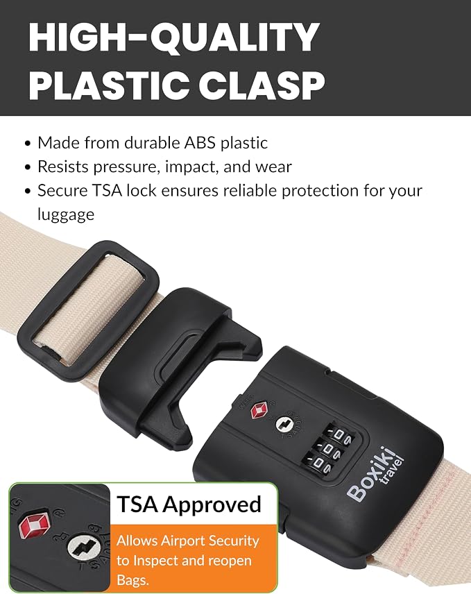 TSA Approved Luggage Straps Light Beige Set of 2 Anti-Burst Adjustable Polyester Suitcase Belts with 3-Dial Combination Lock, 190cm Heavy-Duty Travel Strap Prevents Accidental Opening