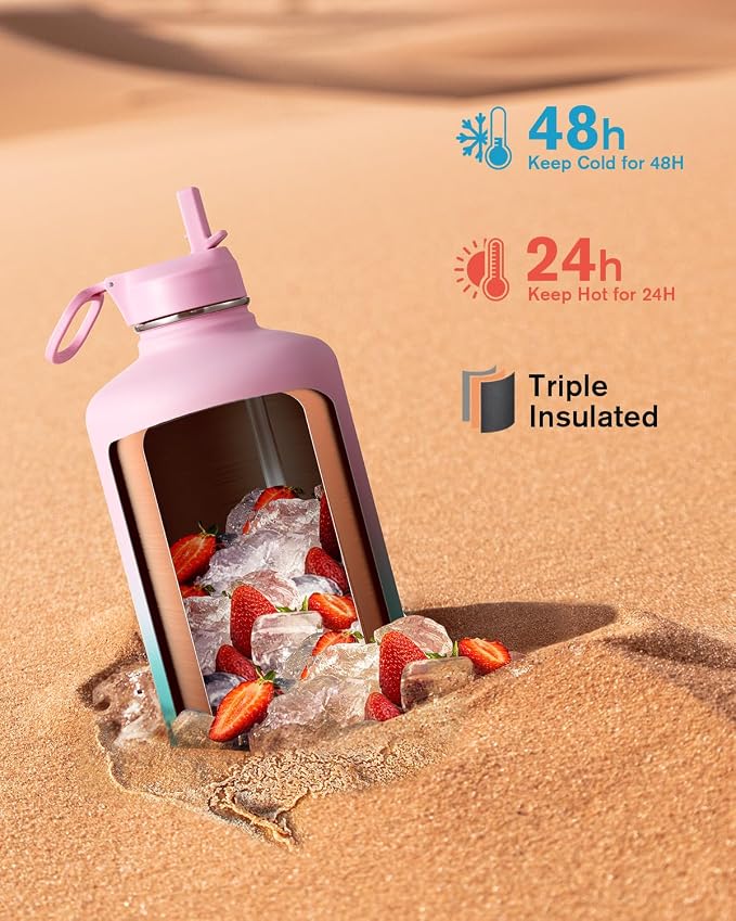 Coolflask 128 oz Gallon Water Bottle Insulated with Straw&3 Lids, Water Jug Large Stainless Steel Metal Vacuum Wide Mouth for Sports, Gym or Office, Non-BPA Keep Cold 48H Hot 24H, Bubblegum Princess