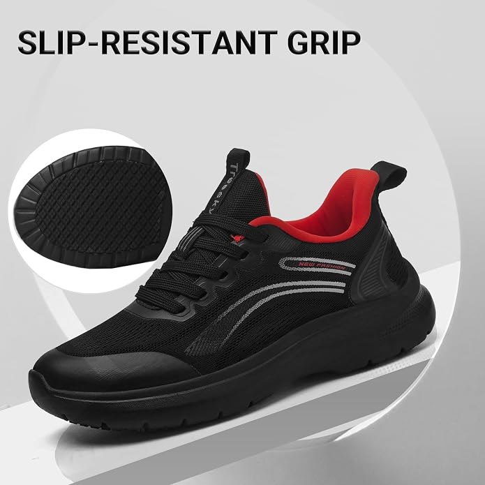 Treesky Black Non Slip Work Shoes for Women, Restaurant & Kitchen Sneakers | Slip resistant soles, lightweight cushioning, breathable knit, removable insole, for nursing, food service & long shifts