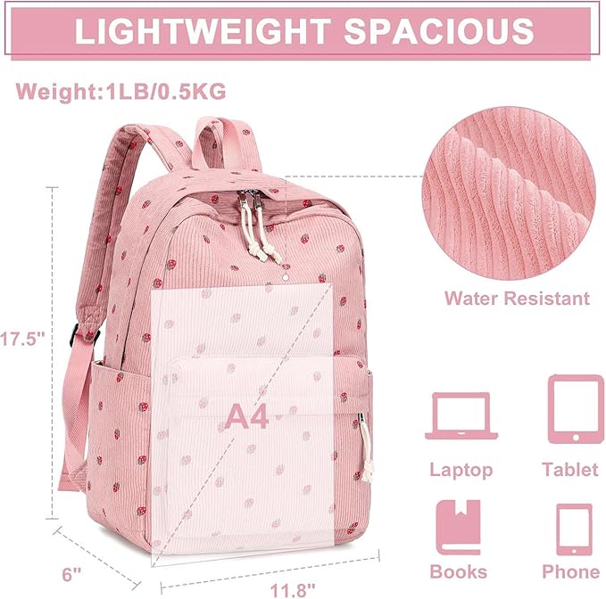 Bluboon School Backpack for Teen Girls Bookbags Elementary High School Corduroy Laptop Bags Women Travel Daypacks