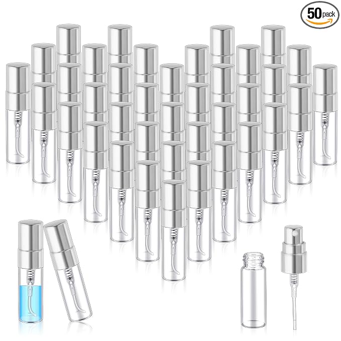 Zhehao 50 Pcs Mini Spray Bottles 3 ml Clear Glass Perfume Bottles Refillable Fine Mist Perfume Atomizer Portable Empty Sample Containers for Cleaning, Essential Oils, Travel (Silver Cap)