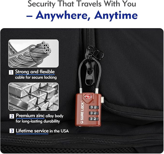 SURE LOCK TSA Approved Luggage Locks with Open Alert Indicator, 3 Digit Combination Cable Travel Lock for Suitcase, Backpack, Gym Locker, Toolbox & Travel Bag